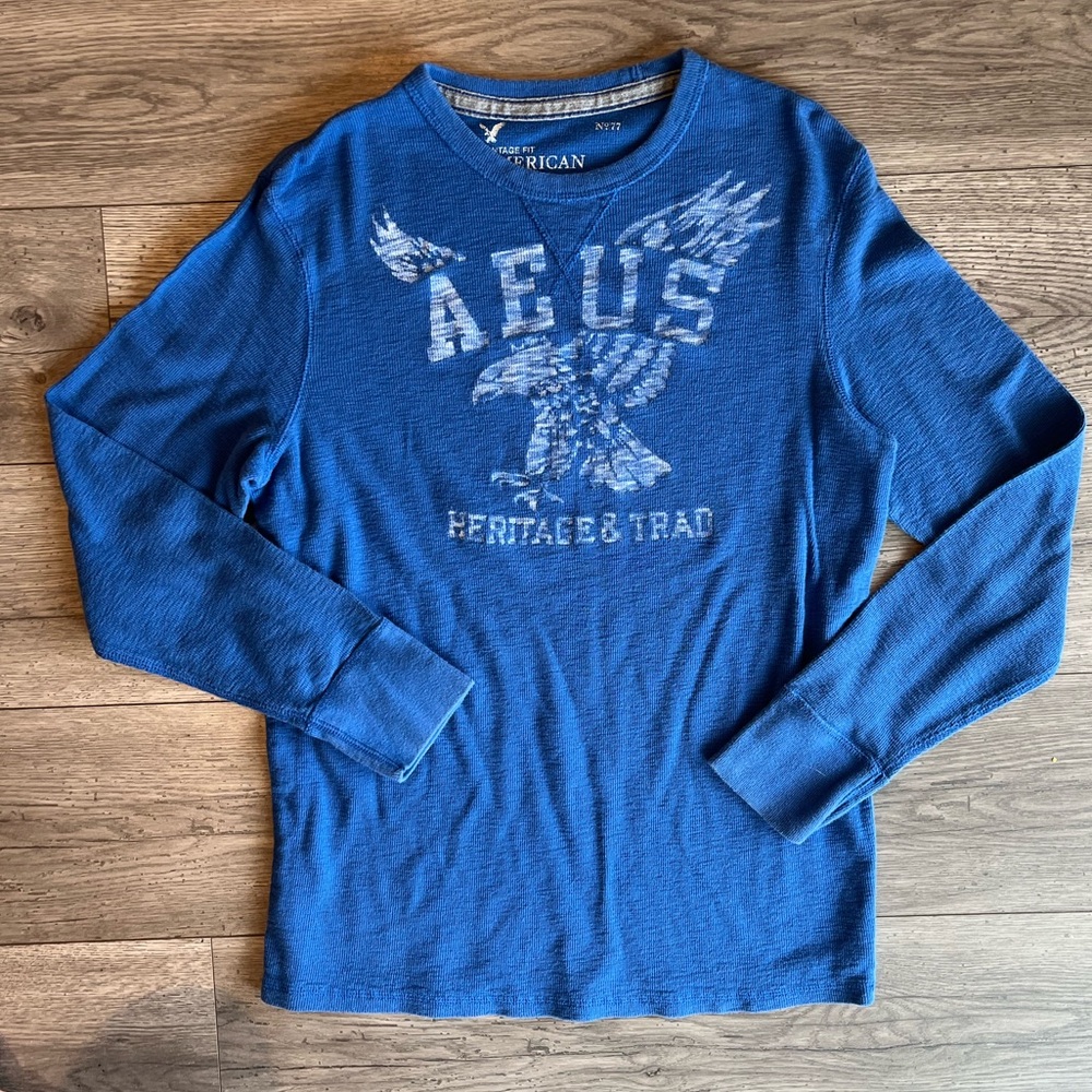 American Eagle Men’s Vintage Fit Long Sleeve Waffle Knit Shirt Royal Blue Large